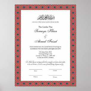 Red frame nikkah certificate poster