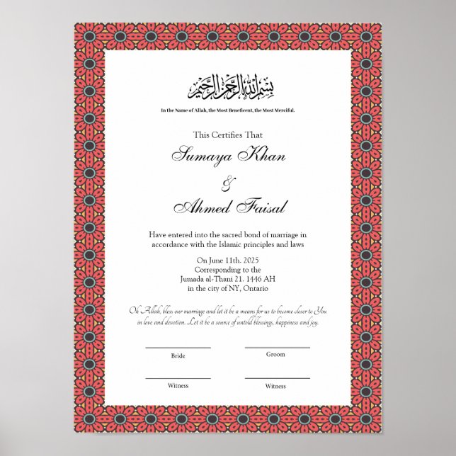Red frame nikkah certificate poster (Front)