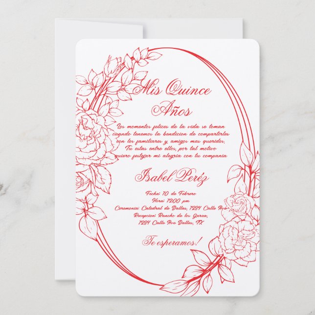 Red frame Spanish Quinceanera  Invitation (Front)