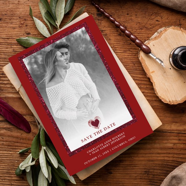 Red Frame Sparkle Minimalist Photo Engaged Heart Save The Date (Creator Uploaded)