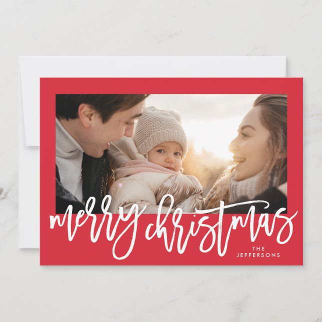 Red Frame & White Merry Christmas Photo Holiday Card (Front)