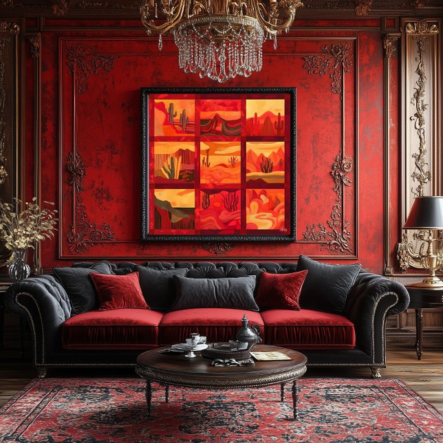 Red Framed Desert Art Grid – Bold Geometric Poster (Creator Uploaded)