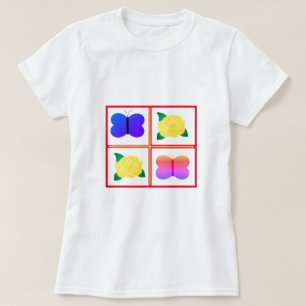 Red Framed Image of Multicolored Butterflies Roses T-Shirt