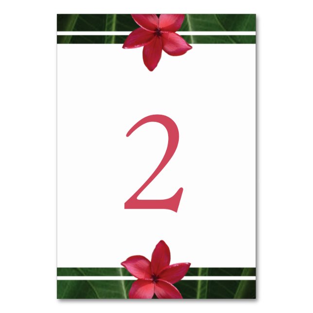 Red Frangipani Plumeria Wedding Table Number (Front)
