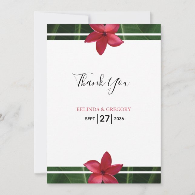 Red Frangipani Plumeria Wedding Thank You Card (Back)