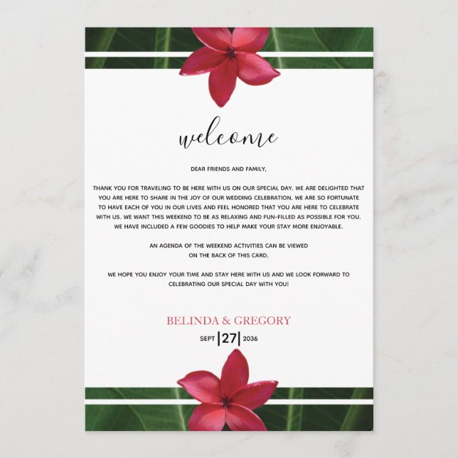 Red Frangipani Plumeria Wedding Welcome Itinerary Programme (Front)