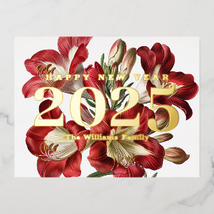 Red Freesia Flower Happy New Year 2025 Gold Foil Holiday Postcard