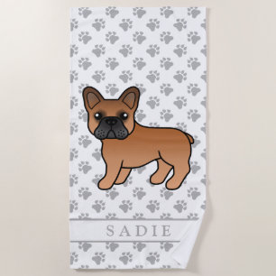 Red French Bulldog Cute Cartoon Dog & Name Beach Towel