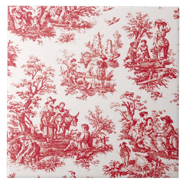 Red French Country Toile Tile (Front)