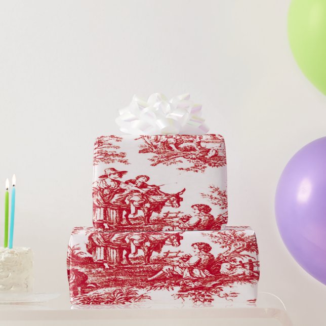 Red French Country Toile Wrapping Paper (Party Gifts)