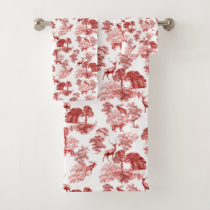 Red French Toile Deer Forest Countryside Bath Towel Set