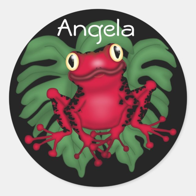 Red Frog On Green Leaves Round Sticker (Front)