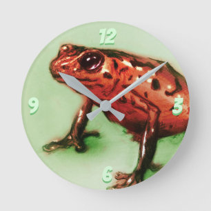 Red Frog Round Clock, Wild Animal Sketch in Green Clock