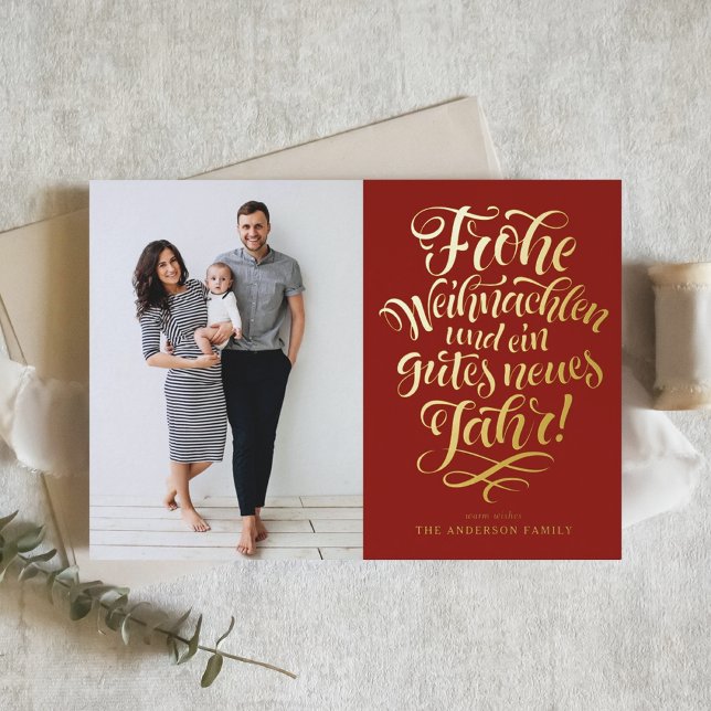 Red Frohe Weihnachten Calligraphy Photo Foil Holiday Card (Creator Uploaded)