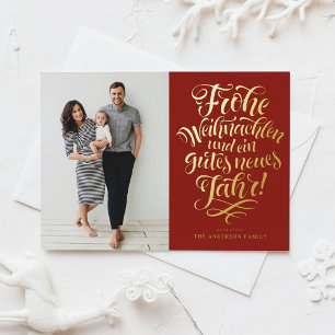 Red Frohe Weihnachten Calligraphy Photo Foil Holiday Card