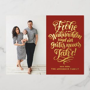 Red Frohe Weihnachten Calligraphy Photo Foil Holiday Postcard