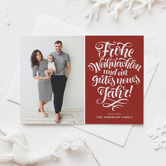 Red Frohe Weihnachten Calligraphy Photo Holiday Card (Creator Uploaded)