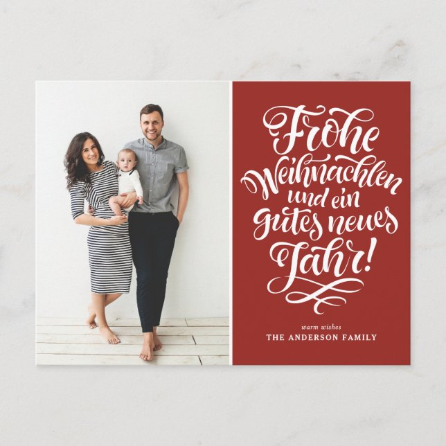Red Frohe Weihnachten Calligraphy Photo Holiday Postcard (Front)