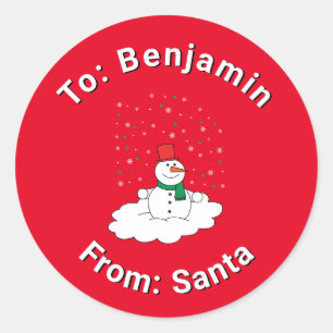 Red From Santa Custom Name Snowman Snowflakes Classic Round Sticker