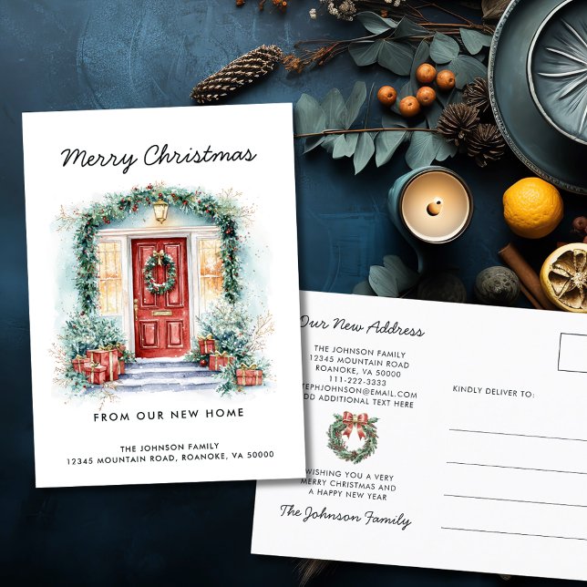 Red Front Door Merry Christmas from New Home Announcement Postcard (Red Front Door Merry Christmas from Our New Home Holiday Moving Announcement Postcard)