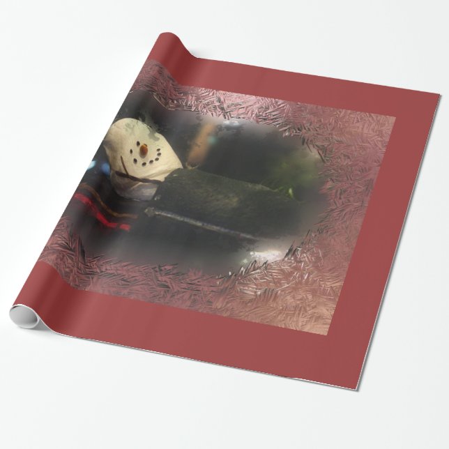 Red Frosty S'mores Snowman Wrapping Paper (Unrolled)