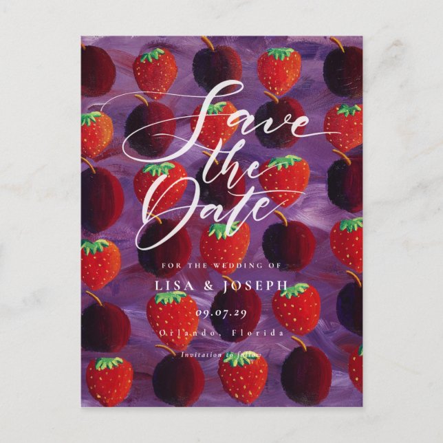 Red Fruit Country Script Save the Date Announcement Postcard (Front)