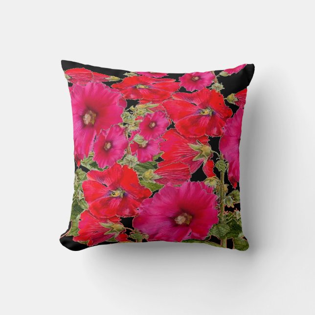 RED & FUCHSIA PINK HOLLYHOCKS  BLACK GARDEN ART CUSHION (Front)