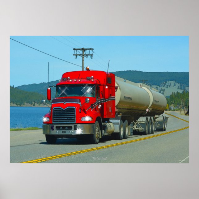 Red Fuel Tanker Truck & Lake Driving Art Print (Front)