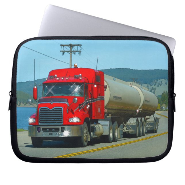 Red Fuel Tanker Truck & Lake Scenic Driving Art Laptop Sleeve (Front)