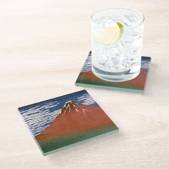 Red Fuji, Aka Fujiyama Volcano Katsushika Hokusai Glass Coaster (Angled)
