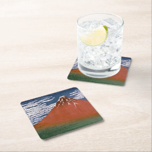Red Fuji, Aka Fujiyama Volcano Katsushika Hokusai Square Paper Coaster