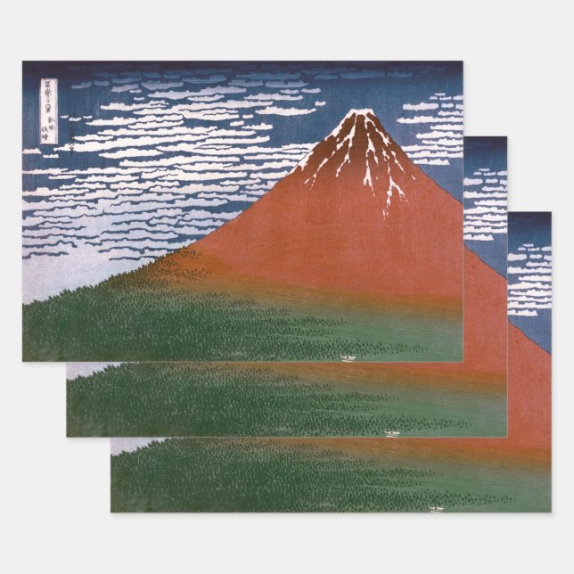 Red Fuji, Aka Fujiyama Volcano Katsushika Hokusai Wrapping Paper Sheet (Set)