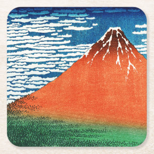 Red Fuji drawing Kanagawa Hokusai Square Paper Coaster