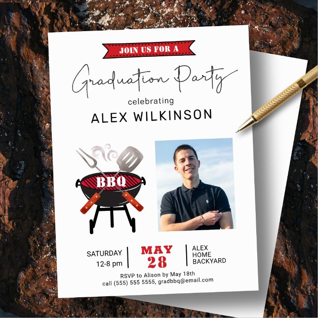 Red Fun Script Photo Graduation BBQ Party Invitation (Creator Uploaded)
