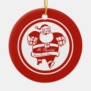 Red Funny Cute Santa Claus Custom Name or Text Ceramic Tree Decoration