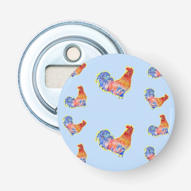 Red Funny Rooster Cockerel Blue and White Spots Bottle Opener (Front)