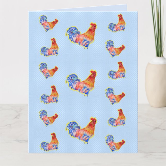 Red Funny Rooster Cockerel Blue and White Spots Card (Front)