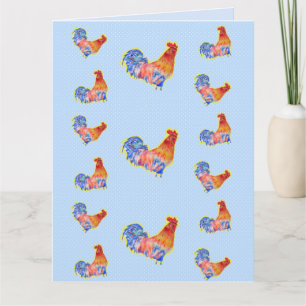 Red Funny Rooster Cockerel Blue and White Spots Card