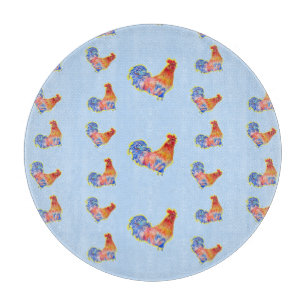 Red Funny Rooster Cockerel Blue and White Spots Cu Cutting Board