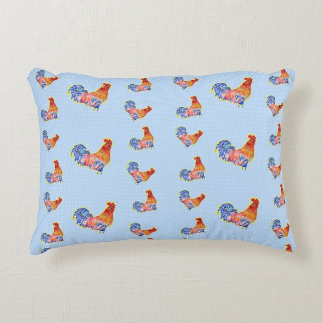 Red Funny Rooster Cockerel Blue and White Spots Fl Decorative Cushion (Front)