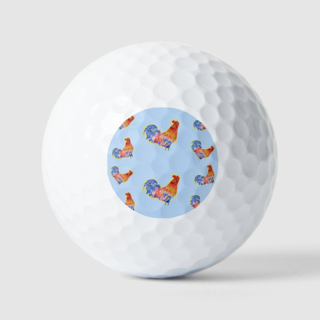 Red Funny Rooster Cockerel Blue and White Spots Golf Balls (Front)