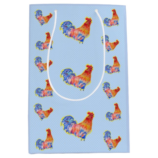 Red Funny Rooster Cockerel Blue and White Spots Medium Gift Bag (Front)