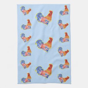 Red Funny Rooster Cockerel Blue and White Spots Tea Towel