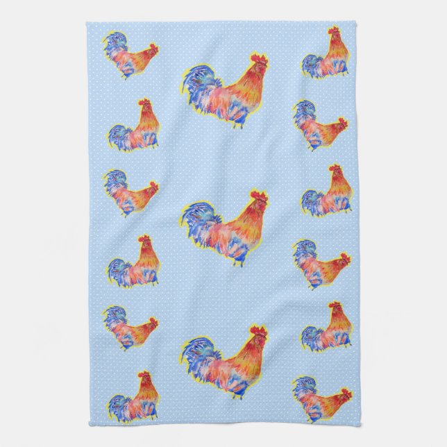 Red Funny Rooster Cockerel Blue and White Spots Tea Towel (Vertical)