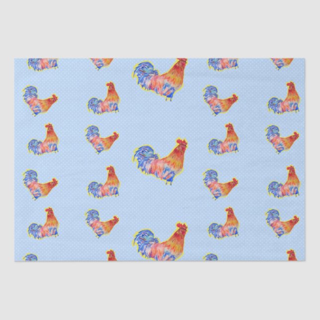 Red Funny Rooster Cockerel Blue and White Spots Tissue Paper (Front)