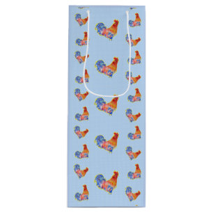 Red Funny Rooster Cockerel Blue and White Spots Wine Gift Bag