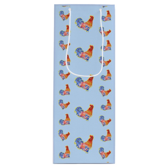 Red Funny Rooster Cockerel Blue and White Spots Wine Gift Bag (Front)