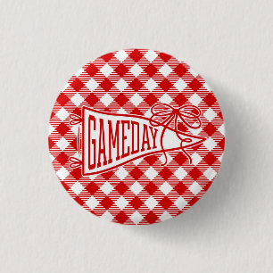 Red Game Day Gingham Pennant Bow 3 Cm Round Badge