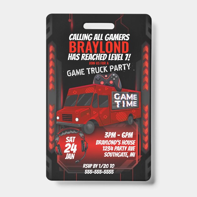 Red Game Truck Birthday Party VIP Invitation ID Badge (Front)