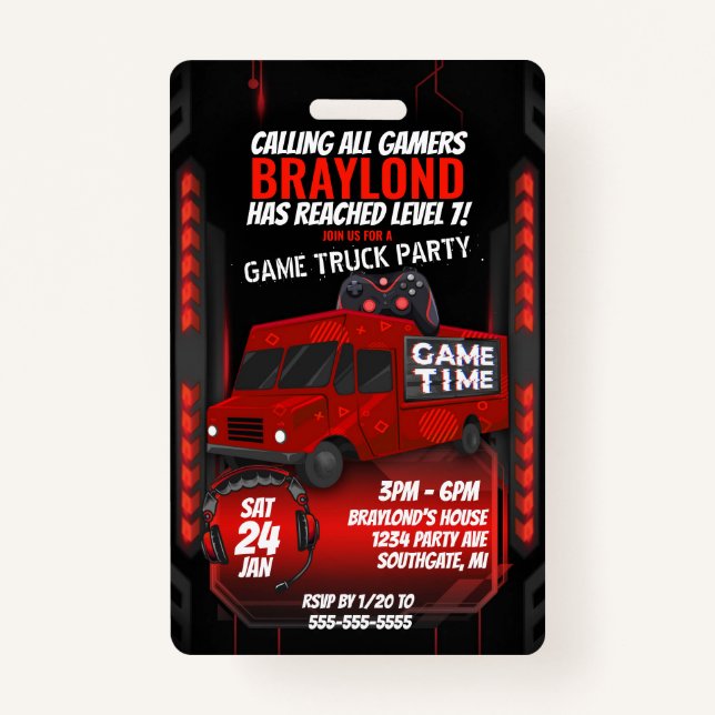 Red Game Truck Birthday Party VIP Invitation ID Badge (Front)
